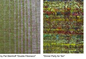 Left photo shows closeup of fibonacci striped paper yarn. Right shows closeup of sari silk placements.