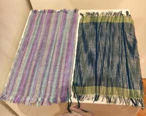 aqua and lavender striped mat on left and turquoise ikat with light green trim on right 